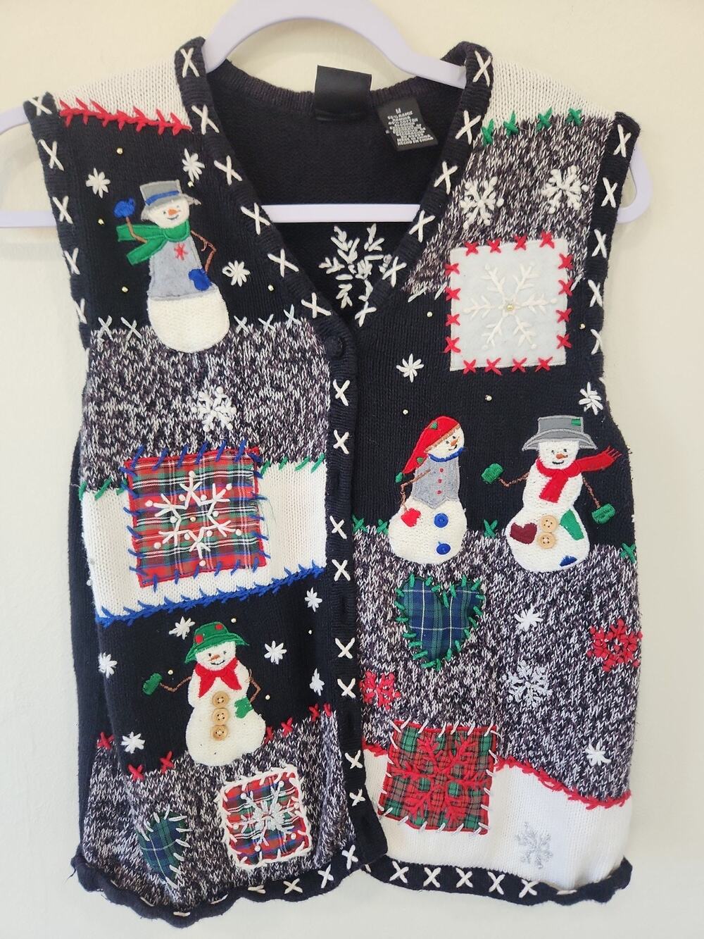 Vintage Erika Hand Knit Christmas Showman Sweater Vest Black Rickrack Medium
